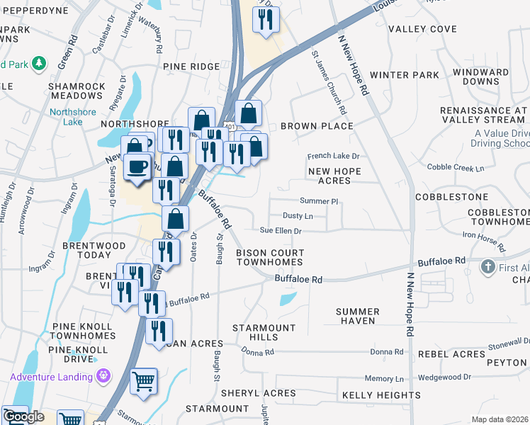 map of restaurants, bars, coffee shops, grocery stores, and more near 3904 Falmouth Drive in Raleigh