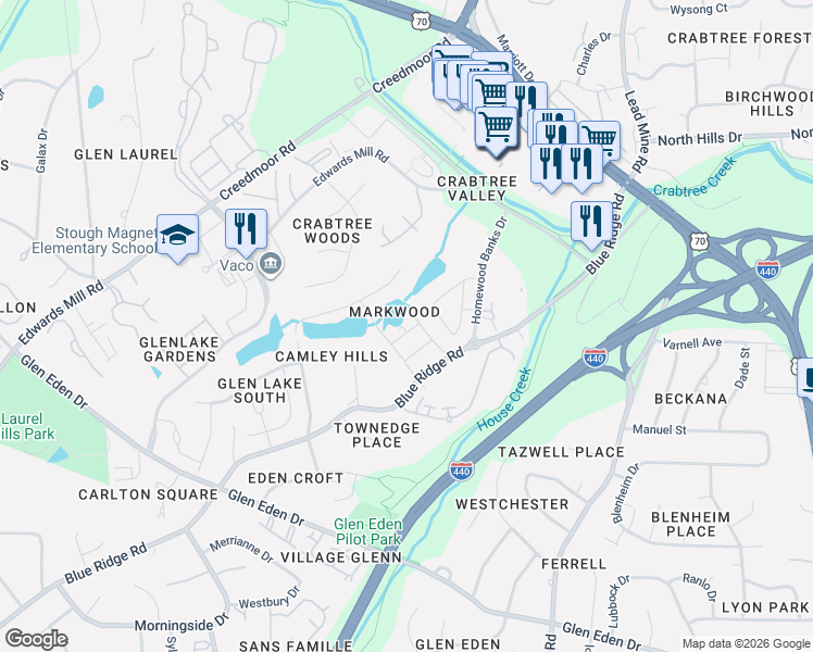 map of restaurants, bars, coffee shops, grocery stores, and more near 3803 Holly Lane in Raleigh