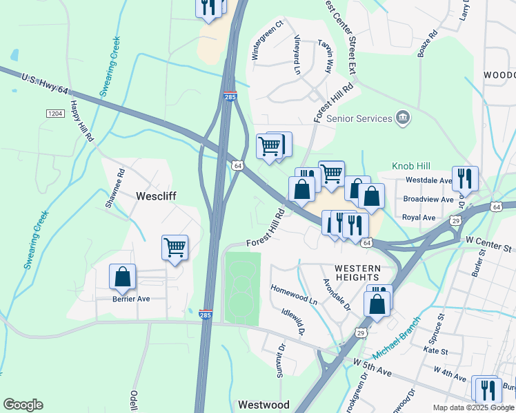 map of restaurants, bars, coffee shops, grocery stores, and more near 300 Forest Hill Road in Lexington