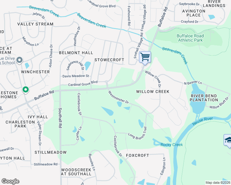 map of restaurants, bars, coffee shops, grocery stores, and more near 4808 Westminster Drive in Raleigh
