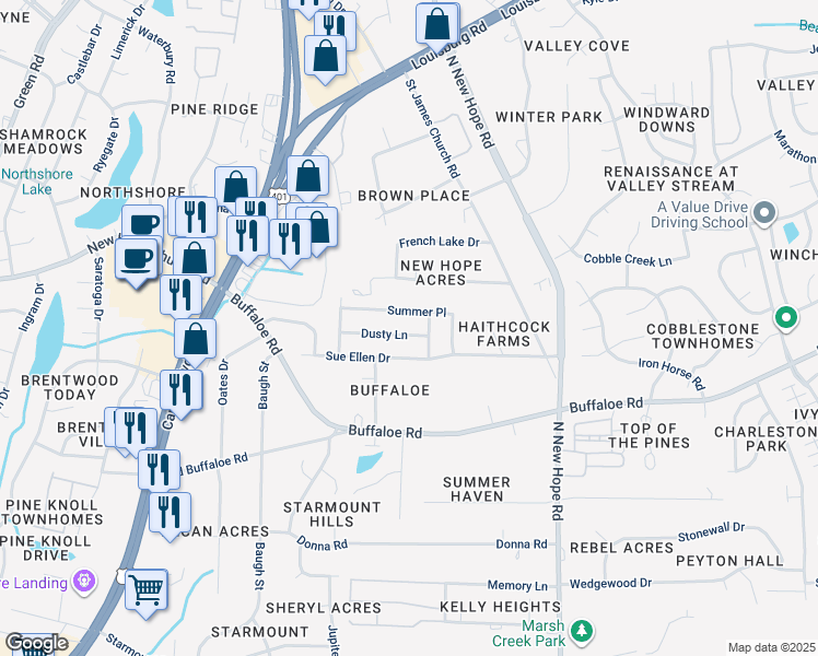 map of restaurants, bars, coffee shops, grocery stores, and more near 3741 Dusty Lane in Raleigh