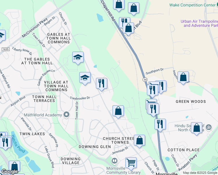 map of restaurants, bars, coffee shops, grocery stores, and more near 1000 Park Place Avenue in Morrisville