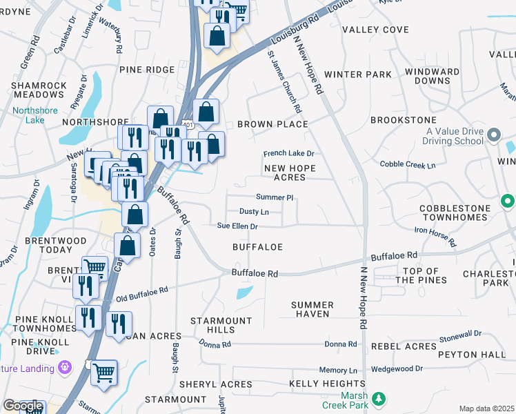 map of restaurants, bars, coffee shops, grocery stores, and more near 3729 Dusty Lane in Raleigh
