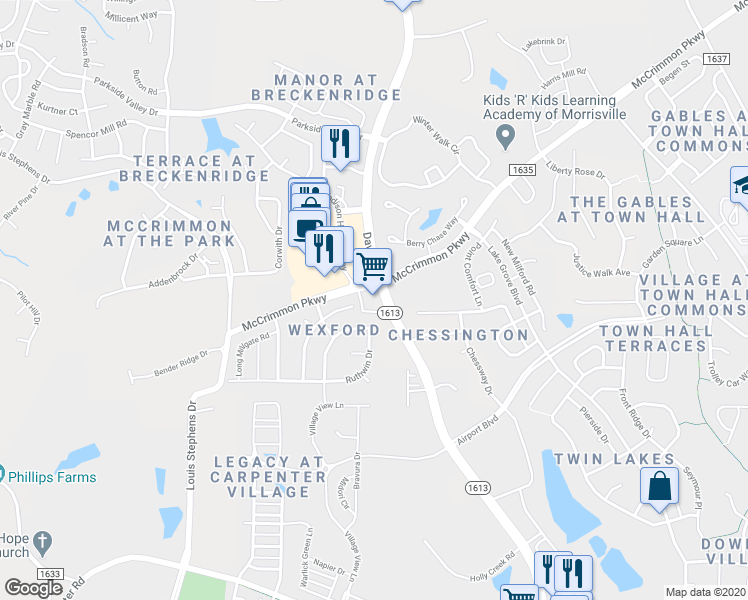 map of restaurants, bars, coffee shops, grocery stores, and more near 3735 Davis Drive in Morrisville