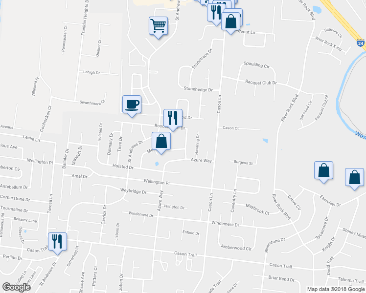 map of restaurants, bars, coffee shops, grocery stores, and more near 2711 Roscommon Drive in Murfreesboro