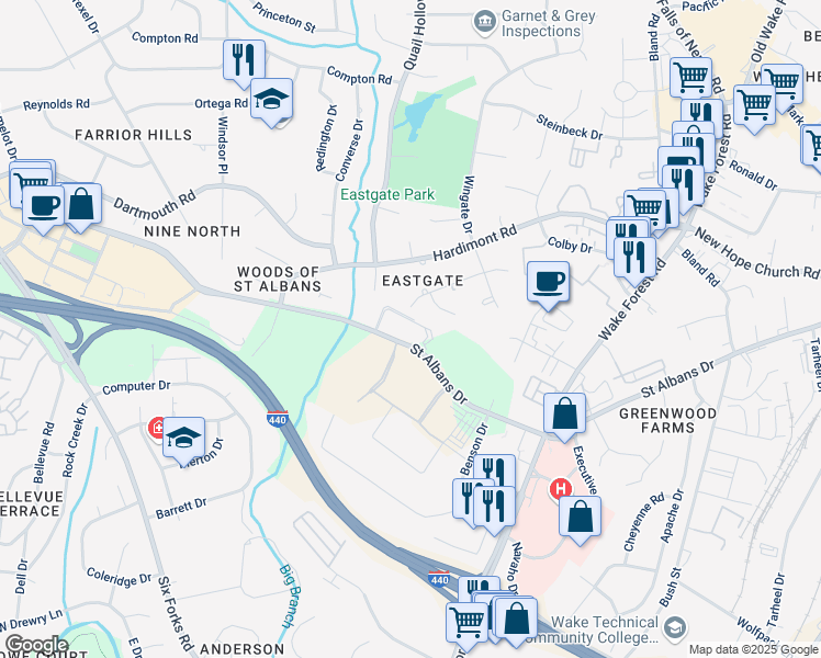 map of restaurants, bars, coffee shops, grocery stores, and more near 903 Saint Albans Drive in Raleigh