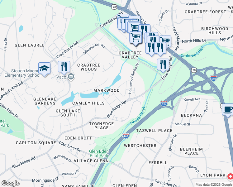 map of restaurants, bars, coffee shops, grocery stores, and more near 3803 Holly Lane in Raleigh