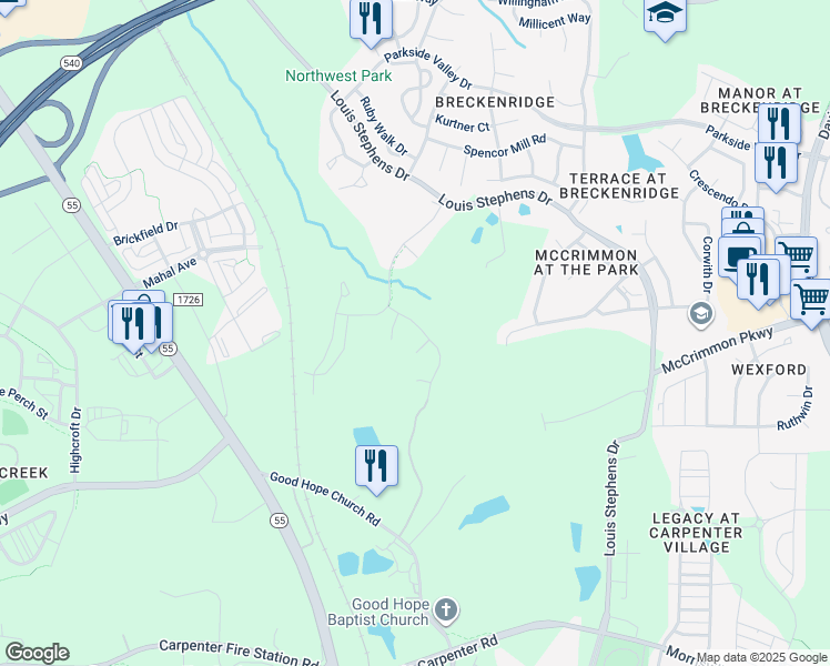 map of restaurants, bars, coffee shops, grocery stores, and more near 129 Carter Grove Court in Morrisville