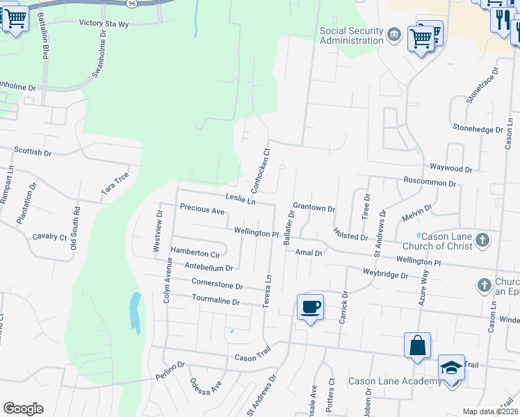 map of restaurants, bars, coffee shops, grocery stores, and more near 3323 Leslie Lane in Murfreesboro