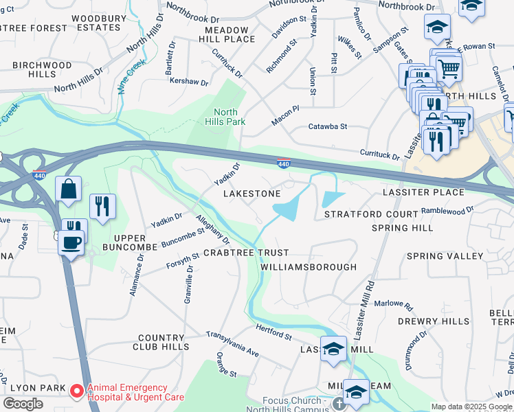 map of restaurants, bars, coffee shops, grocery stores, and more near 821 Lakestone Drive in Raleigh