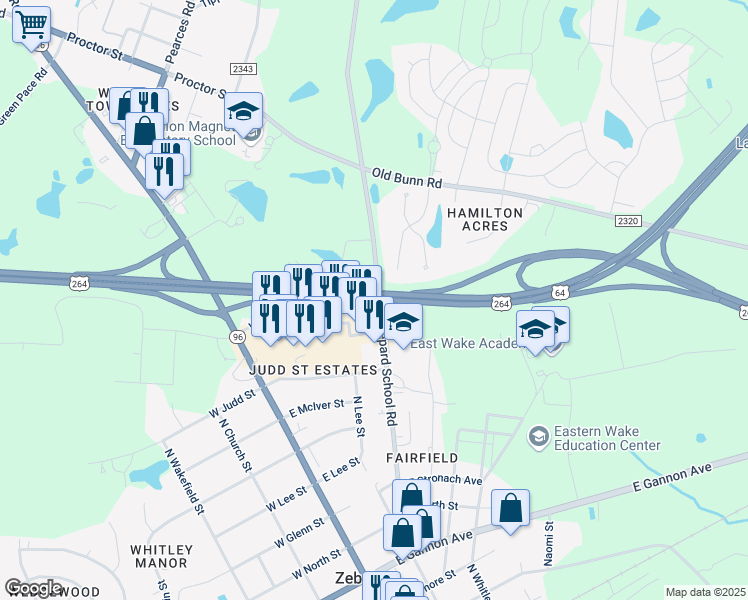 map of restaurants, bars, coffee shops, grocery stores, and more near U.S. Highway 64 in Zebulon