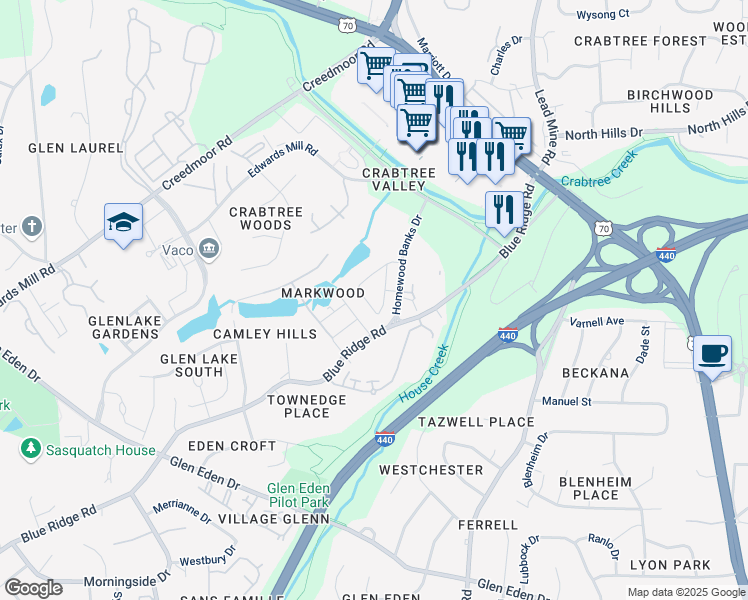 map of restaurants, bars, coffee shops, grocery stores, and more near 5520 Home Valley Drive in Raleigh