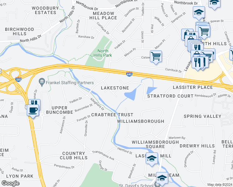 map of restaurants, bars, coffee shops, grocery stores, and more near 821 Lakestone Drive in Raleigh
