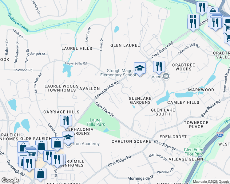 map of restaurants, bars, coffee shops, grocery stores, and more near 3504 Mill Tree Road in Raleigh