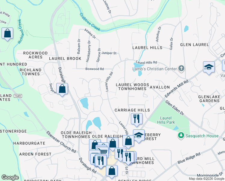 map of restaurants, bars, coffee shops, grocery stores, and more near 3903 Laurel Manor Court in Raleigh