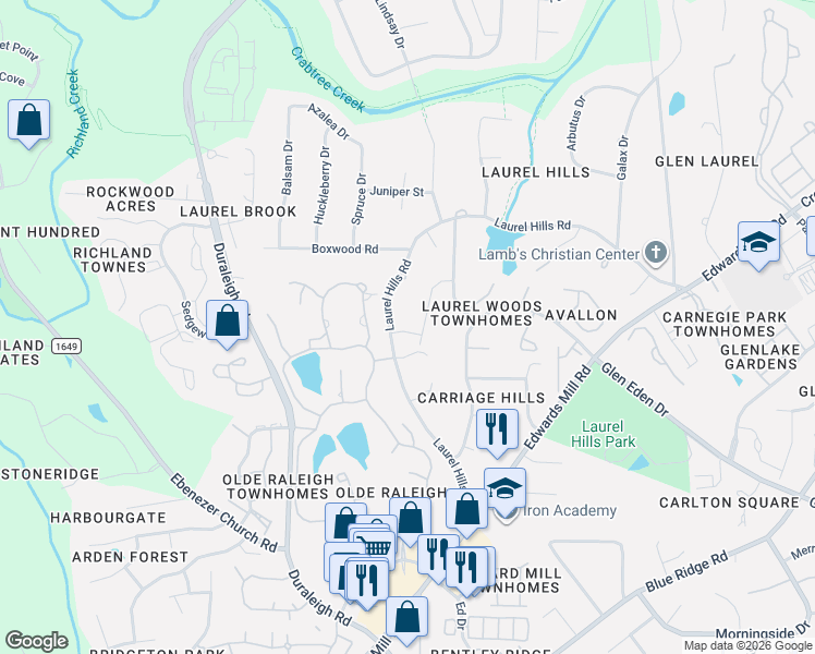 map of restaurants, bars, coffee shops, grocery stores, and more near 3903 Laurel Manor Court in Raleigh