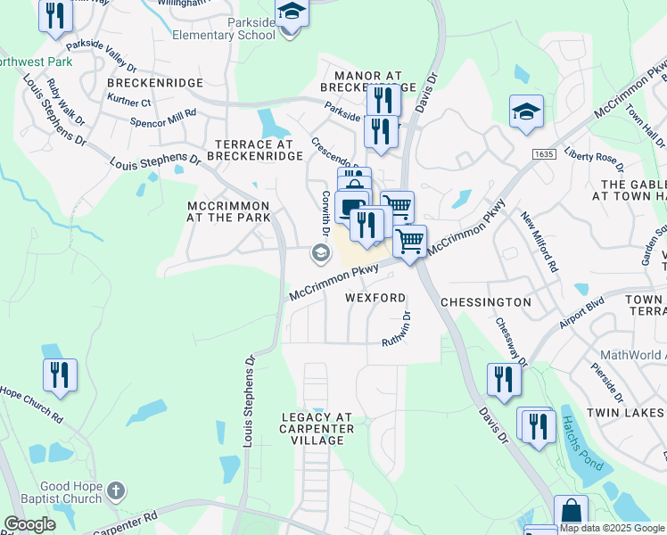 map of restaurants, bars, coffee shops, grocery stores, and more near 6406 McCrimmon Parkway in Morrisville