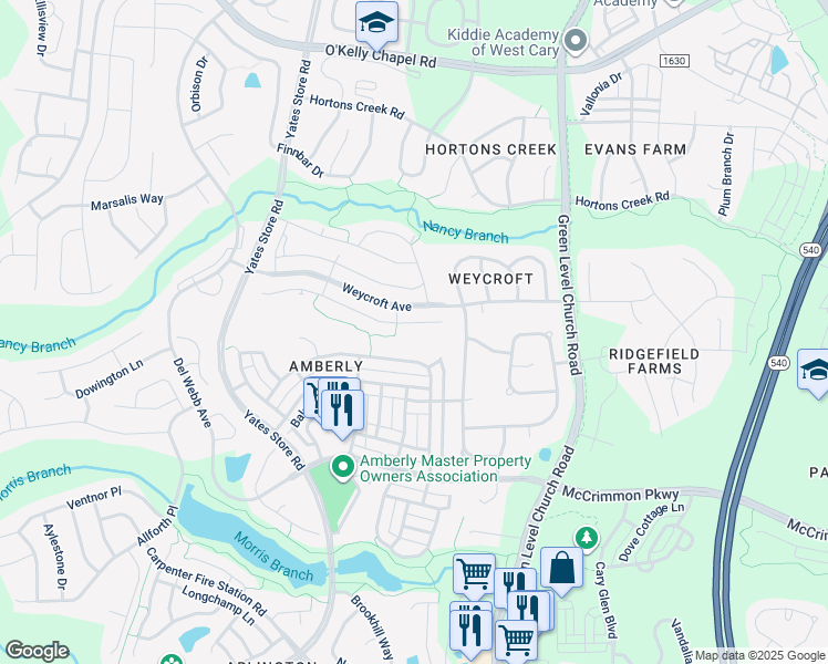 map of restaurants, bars, coffee shops, grocery stores, and more near 2137 Bluff Oak Drive in Cary