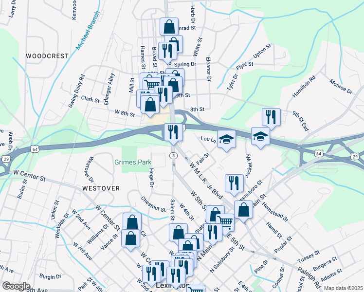 map of restaurants, bars, coffee shops, grocery stores, and more near 521 Salem Street in Lexington