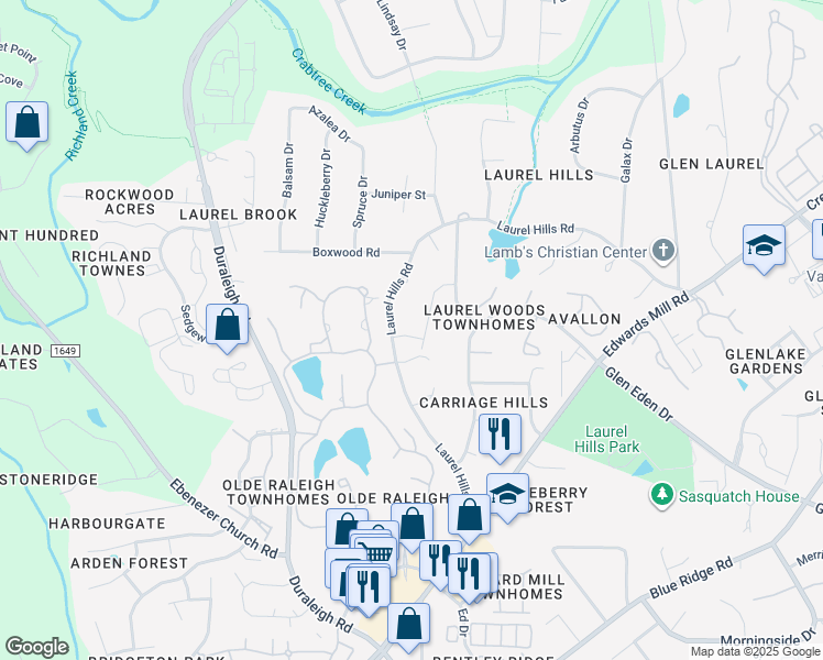 map of restaurants, bars, coffee shops, grocery stores, and more near 3903 Laurel Manor Court in Raleigh