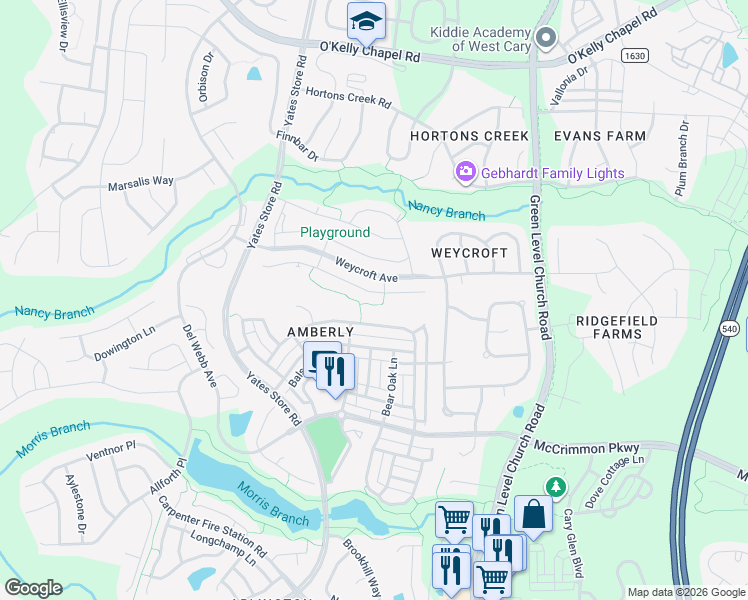 map of restaurants, bars, coffee shops, grocery stores, and more near 2137 Bluff Oak Drive in Cary