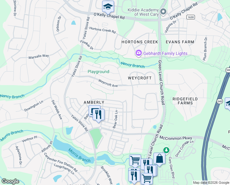 map of restaurants, bars, coffee shops, grocery stores, and more near 2137 Bluff Oak Drive in Cary