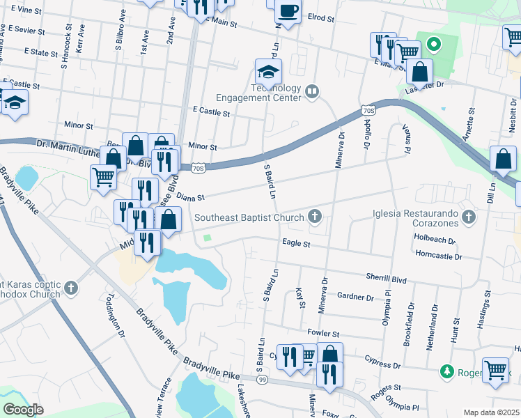 map of restaurants, bars, coffee shops, grocery stores, and more near 1418 Atlas Street in Murfreesboro