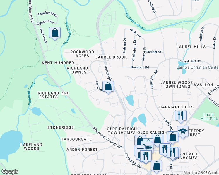 map of restaurants, bars, coffee shops, grocery stores, and more near 4012 Grand Manor Court in Raleigh