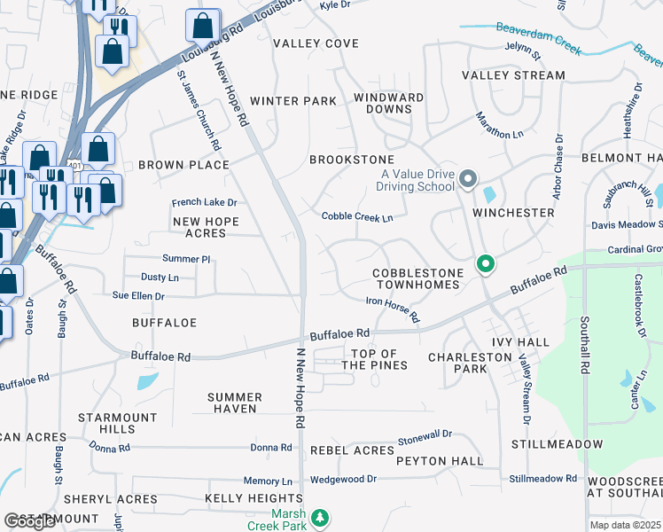 map of restaurants, bars, coffee shops, grocery stores, and more near 4125 Cobble Court in Raleigh