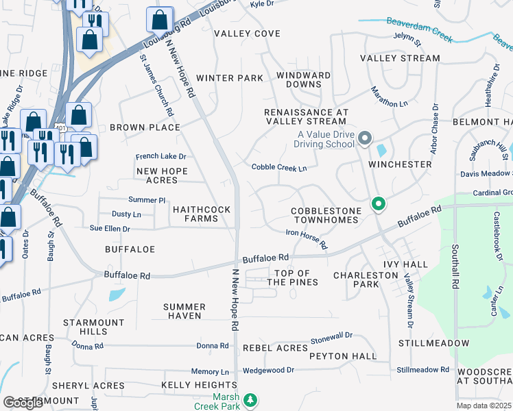 map of restaurants, bars, coffee shops, grocery stores, and more near 4121 Cobble Court in Raleigh
