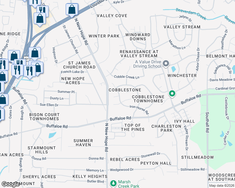 map of restaurants, bars, coffee shops, grocery stores, and more near 4108 Cobble Court in Raleigh