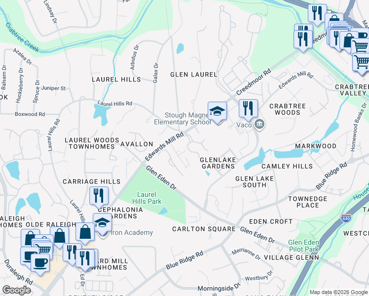 map of restaurants, bars, coffee shops, grocery stores, and more near 3810 Carnegie Lane in Raleigh