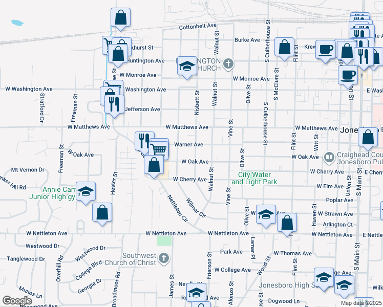 map of restaurants, bars, coffee shops, grocery stores, and more near 1009 West Oak Avenue in Jonesboro