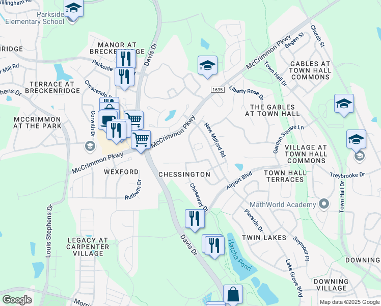 map of restaurants, bars, coffee shops, grocery stores, and more near 3200 Rapid Falls Road in Morrisville