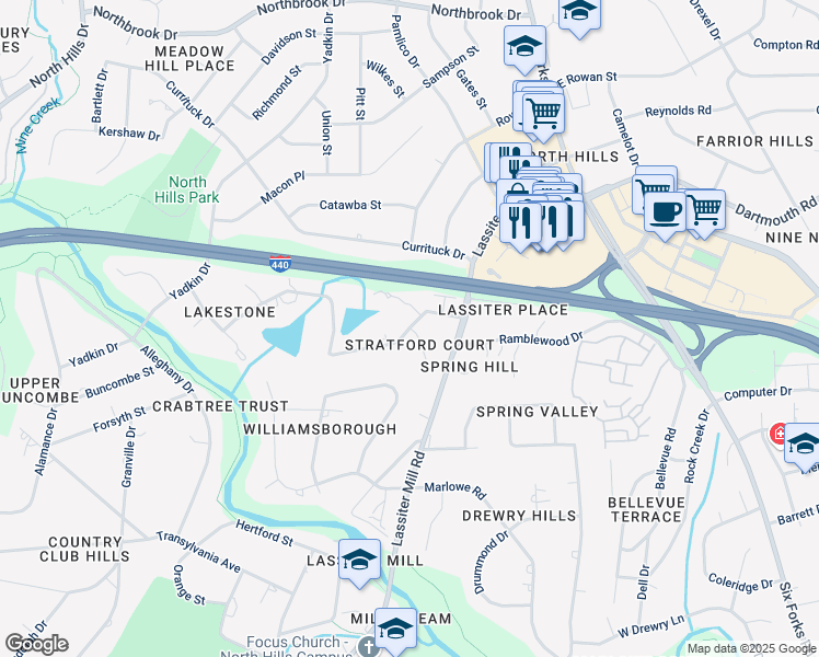 map of restaurants, bars, coffee shops, grocery stores, and more near 6614 Stratford Court in Raleigh