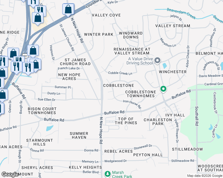 map of restaurants, bars, coffee shops, grocery stores, and more near 4108 Cobble Court in Raleigh