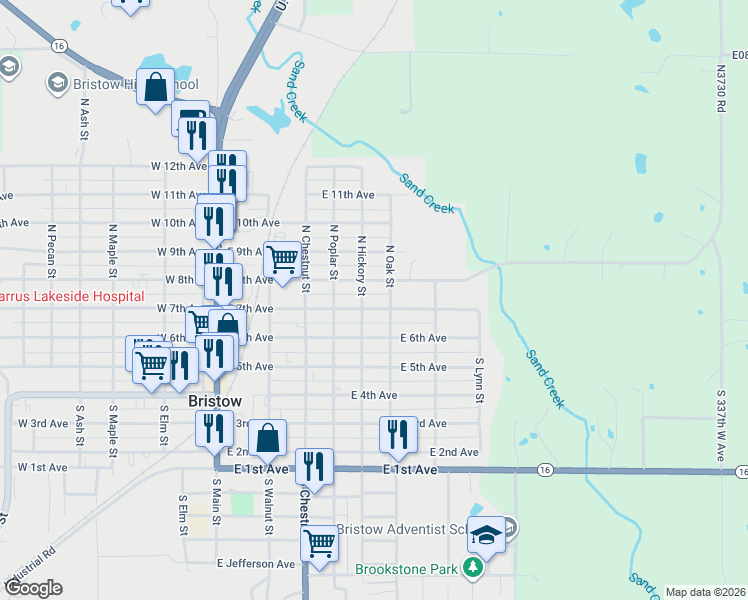 map of restaurants, bars, coffee shops, grocery stores, and more near 516 East 7th Avenue in Bristow