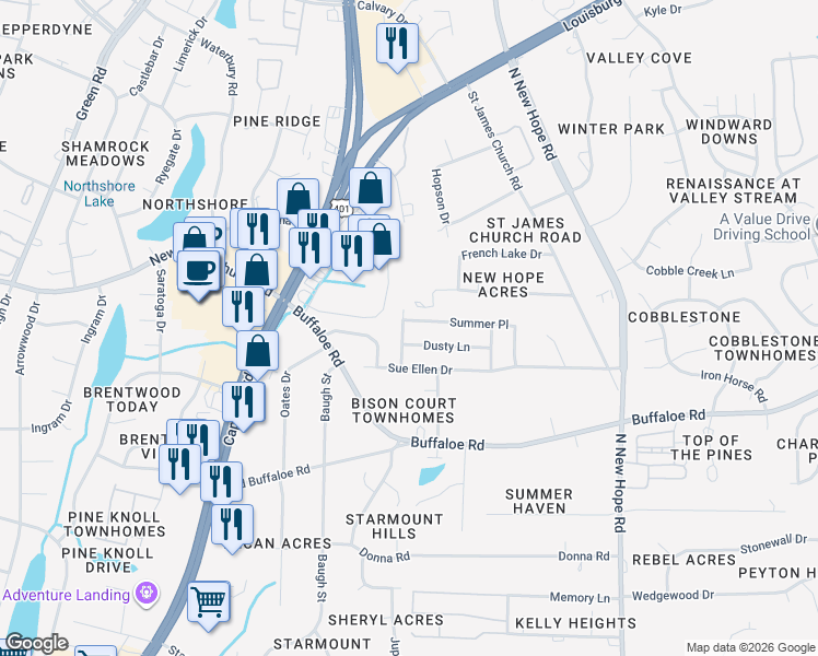 map of restaurants, bars, coffee shops, grocery stores, and more near 3904 Falmouth Drive in Raleigh