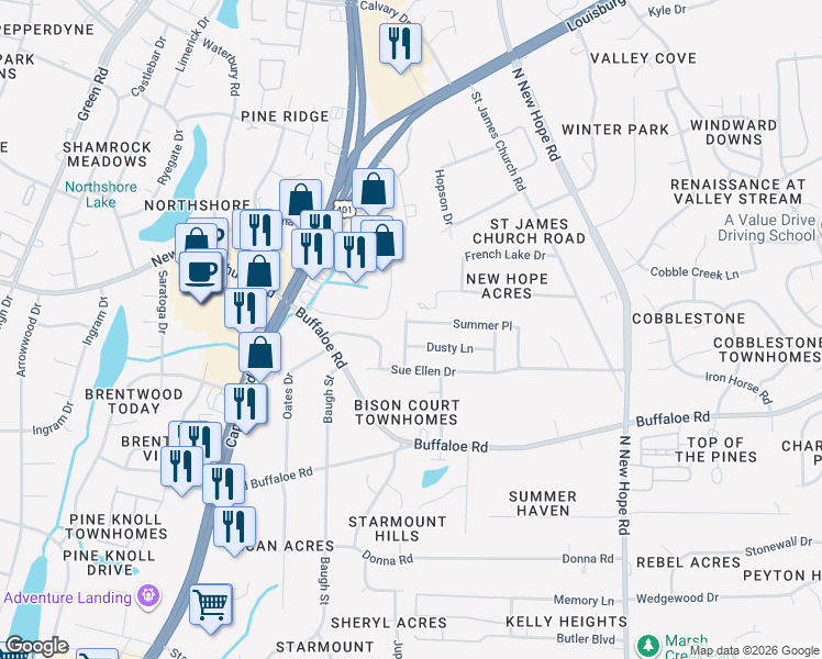 map of restaurants, bars, coffee shops, grocery stores, and more near 3904 Falmouth Drive in Raleigh