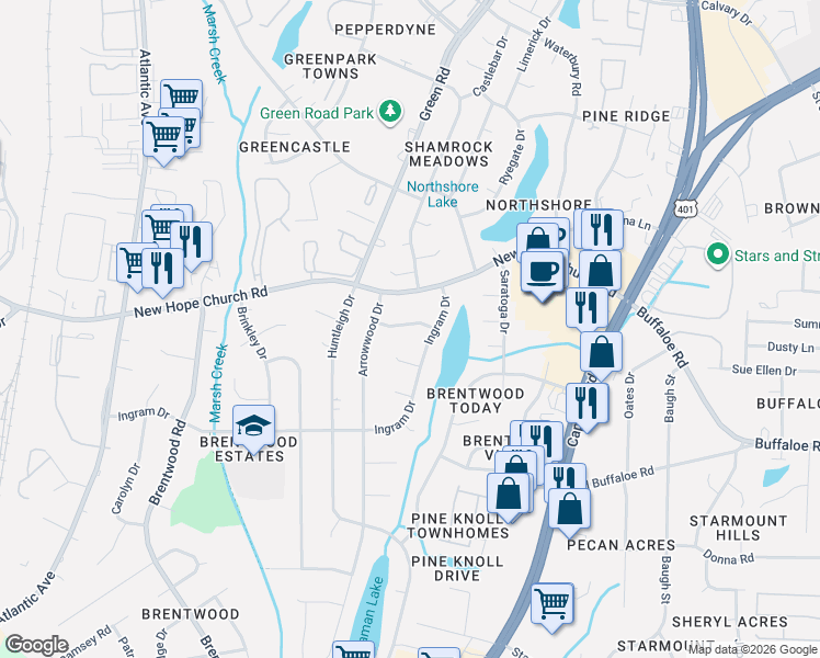 map of restaurants, bars, coffee shops, grocery stores, and more near 3713 Ann Arbor Court in Raleigh
