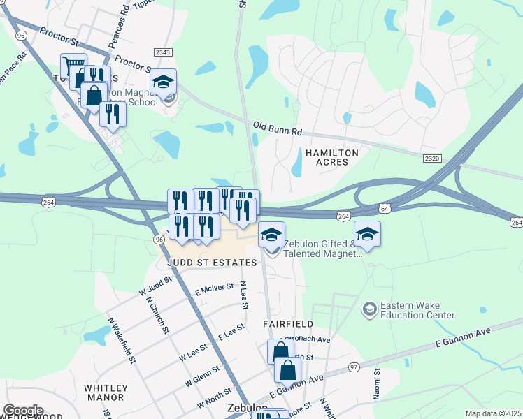 map of restaurants, bars, coffee shops, grocery stores, and more near U.S. 264 in Zebulon
