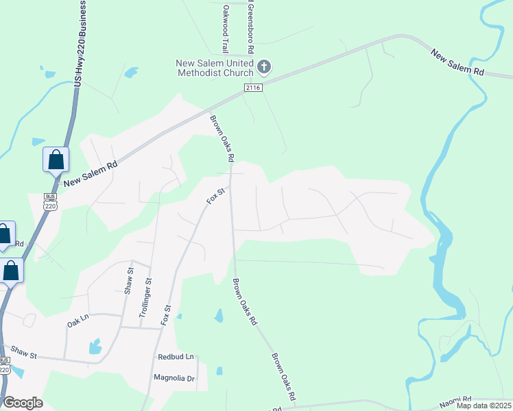 map of restaurants, bars, coffee shops, grocery stores, and more near White Oak Drive in Randleman