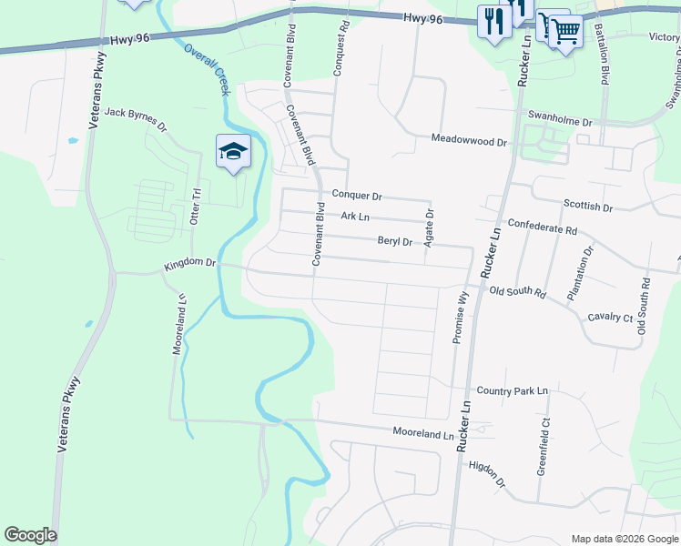 map of restaurants, bars, coffee shops, grocery stores, and more near 4843 Kingdom Drive in Murfreesboro