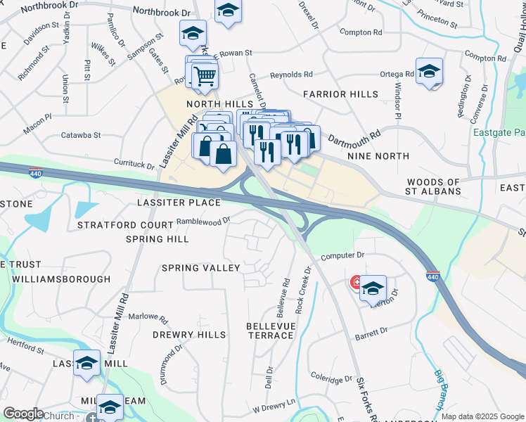 map of restaurants, bars, coffee shops, grocery stores, and more near 4006 Market at North Hills Street in Raleigh