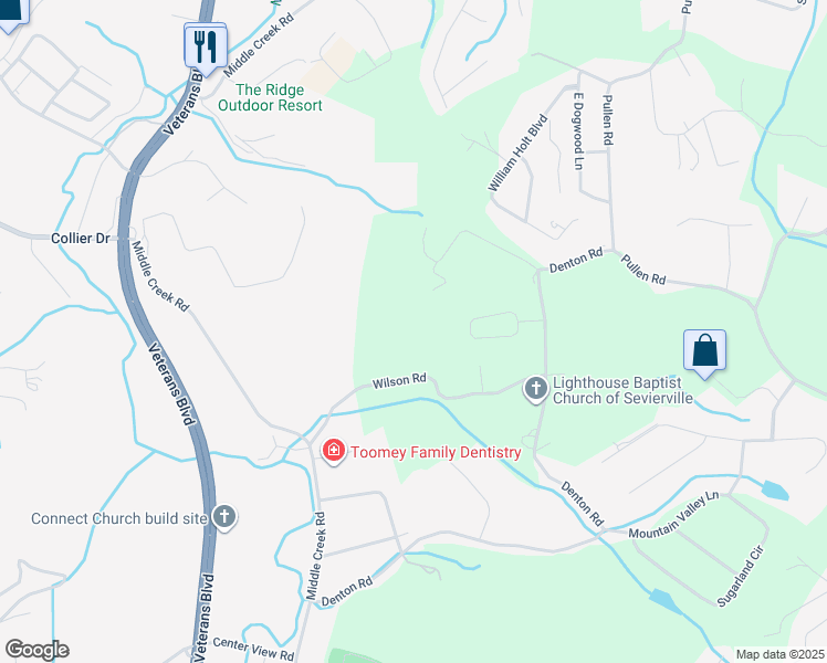 map of restaurants, bars, coffee shops, grocery stores, and more near 1159 Wilson Road in Sevierville