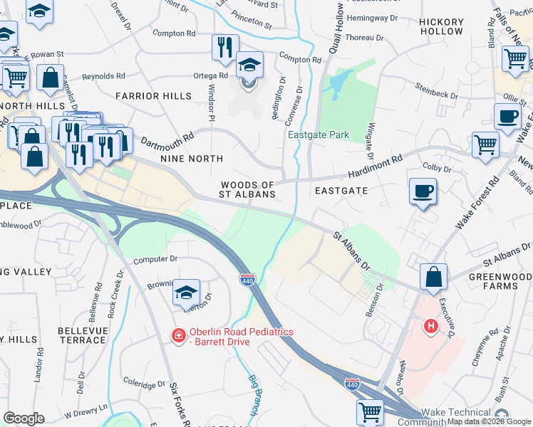 map of restaurants, bars, coffee shops, grocery stores, and more near 600 Saint Albans Drive in Raleigh