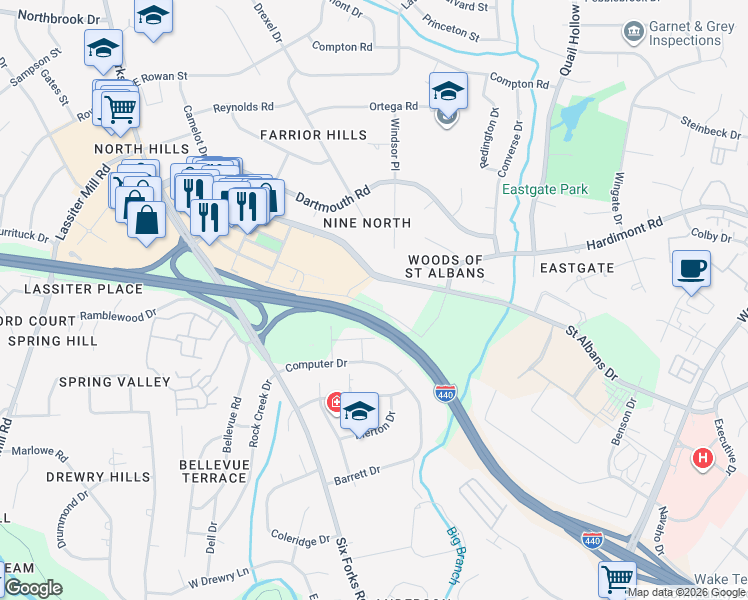 map of restaurants, bars, coffee shops, grocery stores, and more near 333 Saint Albans Drive in Raleigh