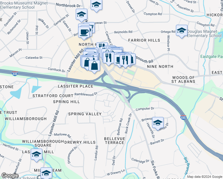 map of restaurants, bars, coffee shops, grocery stores, and more near 4006 Market at North Hills Street in Raleigh