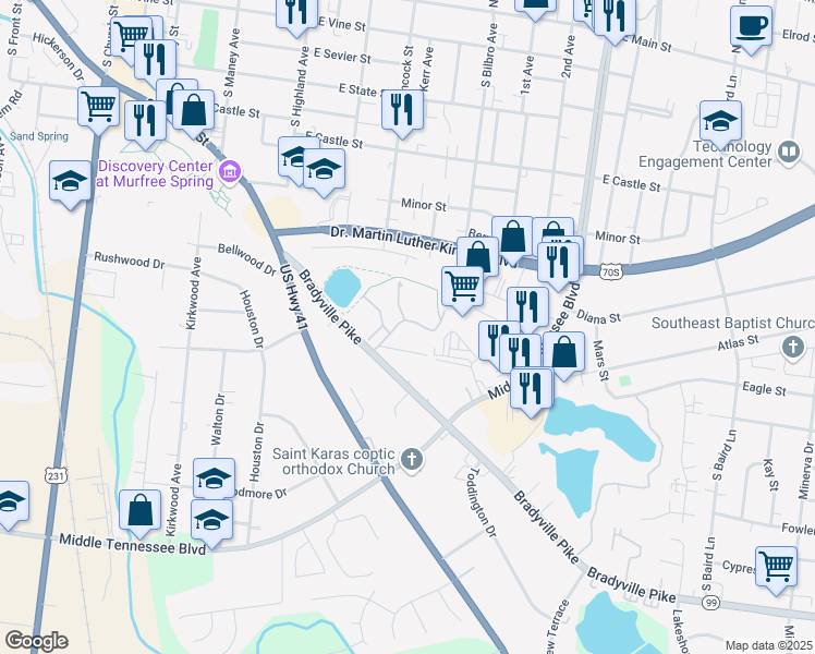map of restaurants, bars, coffee shops, grocery stores, and more near 805 Bradyville Pike in Murfreesboro