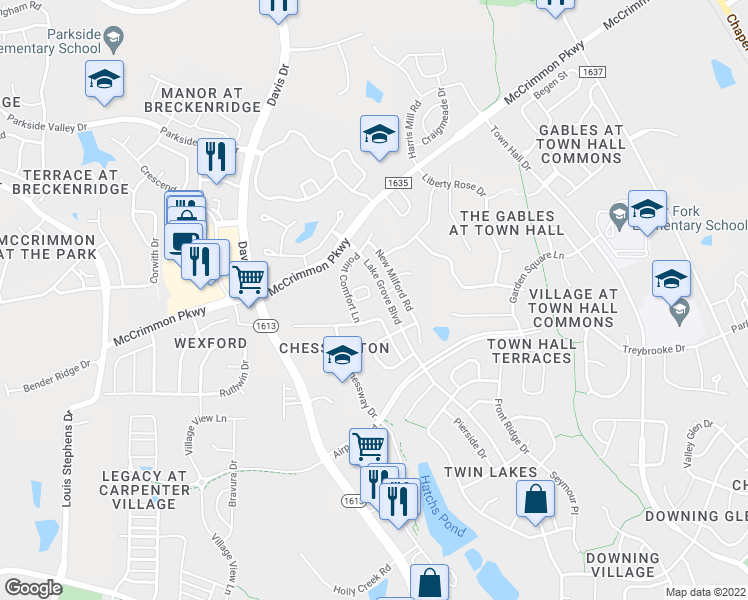map of restaurants, bars, coffee shops, grocery stores, and more near 224 Duck Mill Circle in Cary